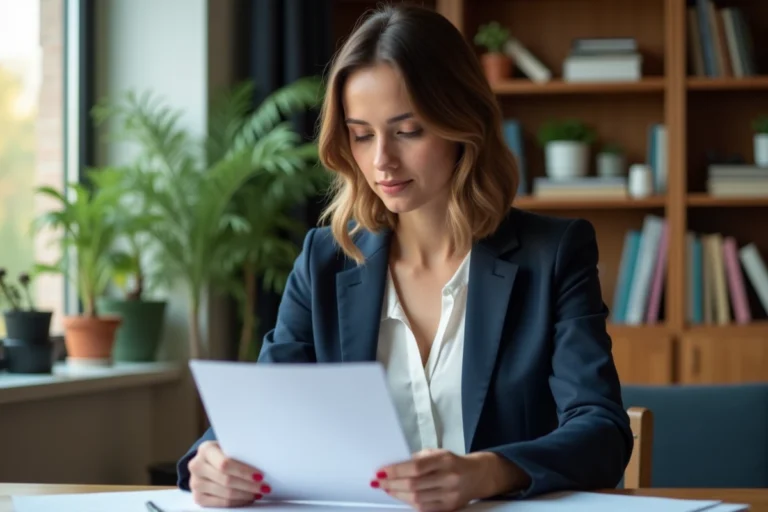 Femme professionnelle en blazer marine révisant son CV à un bureau moderne en bois pour sa recherche d'emploi en 2024