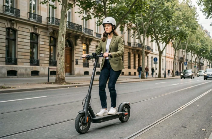 Jeune femme casquée conduisant un scooter électrique moderne sur un boulevard urbain européen