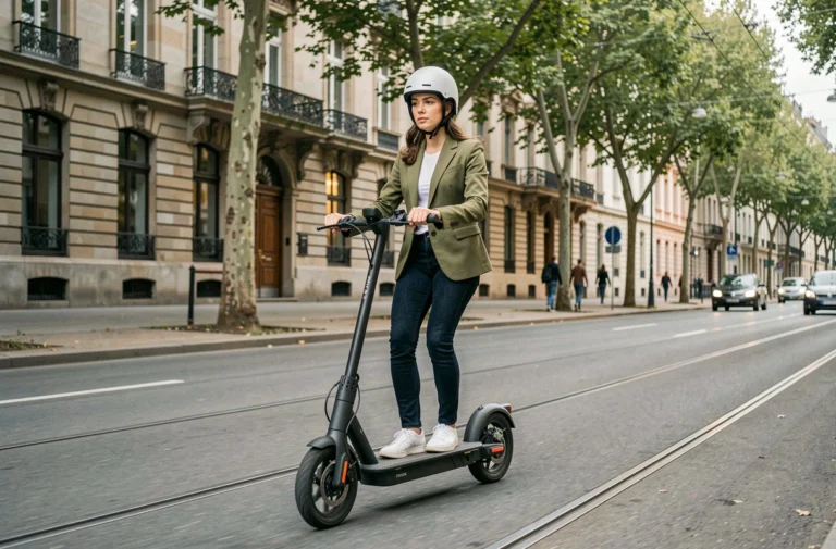 Jeune femme casquée conduisant un scooter électrique moderne sur un boulevard urbain européen