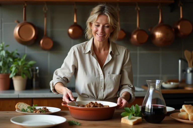 Femme française servant boeuf bourguignon dans une cuisine chaleureuse