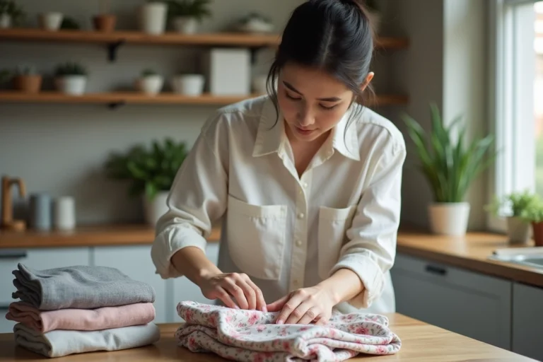 Femme triant des vêtements usagés sur une table en bois pour les vendre, avec des piles de habits bien organisées