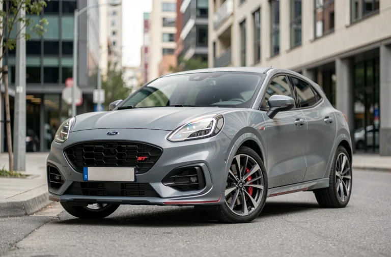 Ford Puma gris Solar en finition ST-Line vue trois-quarts avant dans un cadre urbain moderne