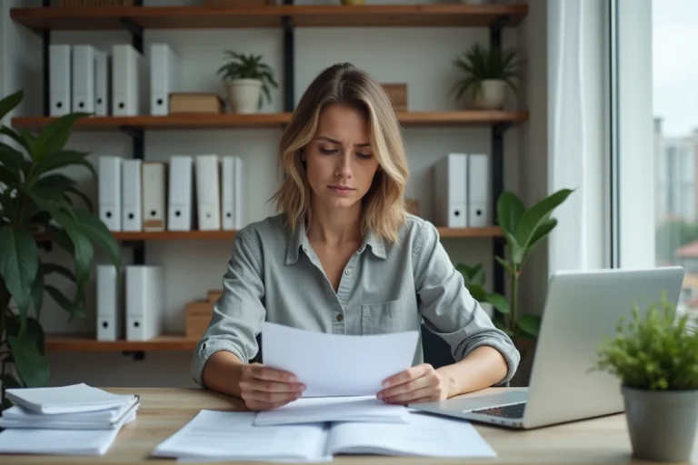 Freelance féminine gérant sa comptabilité et ses factures dans un bureau à domicile organisé
