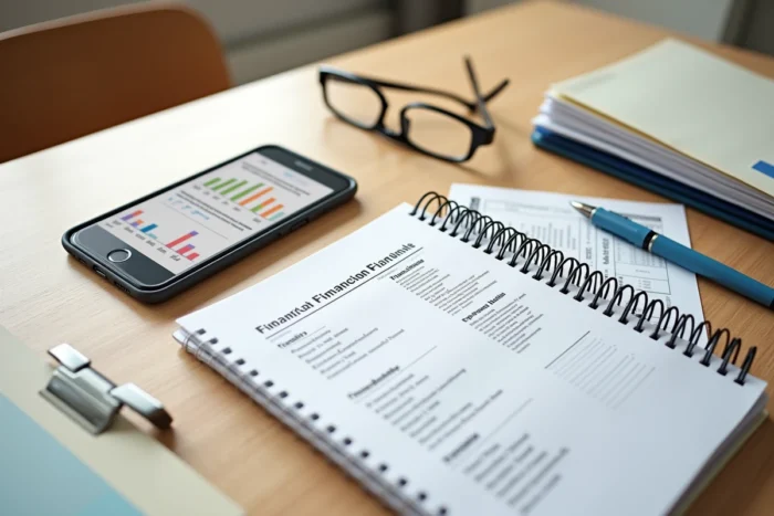 Vue aérienne d'un bureau avec outils de gestion administrative pour freelance, smartphone et documents fiscaux