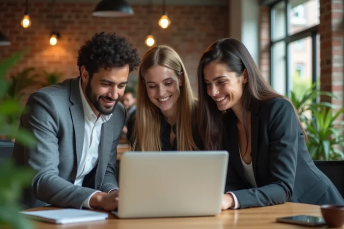Groupe de professionnels collaborant sur une stratégie de recherche d'emploi autour d'un ordinateur portable dans un espace de coworking