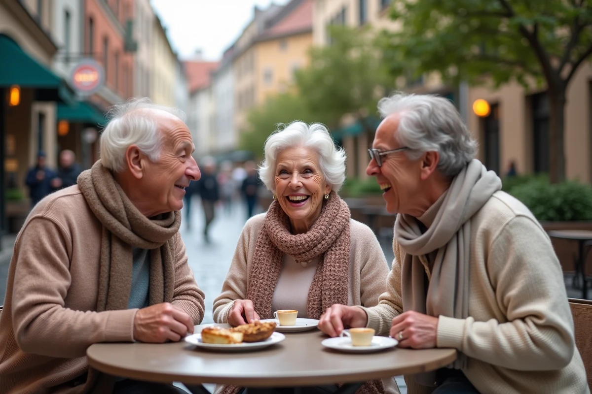 Groupe de seniors discutant et riant dans un café en plein air