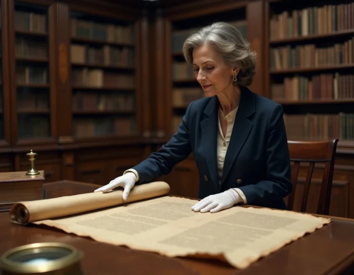 Historienne en gants blancs dépliant un parchemin ancien dans une bibliothèque classique, illustrant les secrets historiques d'une marque ancestrale