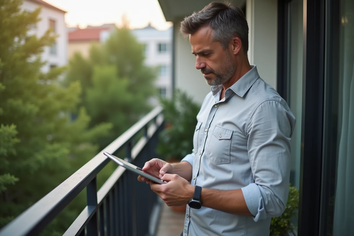 Homme regardant une tablette sur un balcon en ville