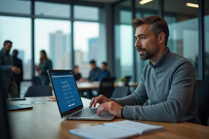 Homme utilisant un calculateur de dates en ligne sur ordinateur portable dans un bureau moderne