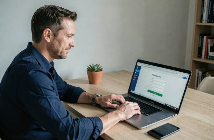 Homme accédant à son espace client Free Mobile sur ordinateur portable et smartphone au bureau