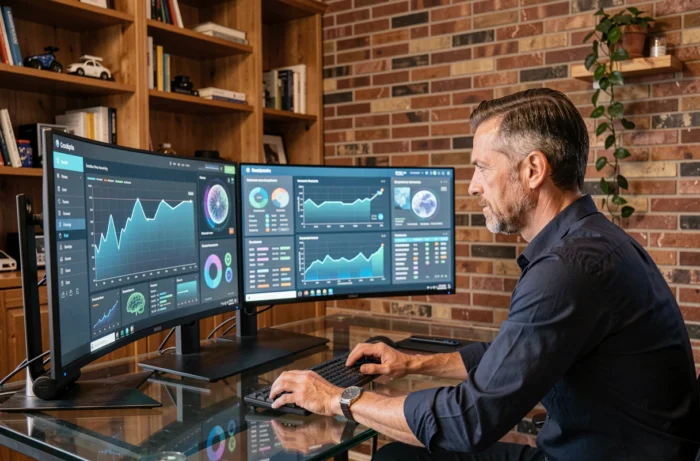 Homme d'affaires travaillant sur plusieurs écrans incurvés affichant des tableaux de bord d'intelligence artificielle dans un bureau à domicile moderne