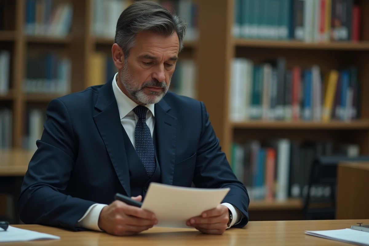 Homme en costume dans une bibliothèque avec une enveloppe et smartphone