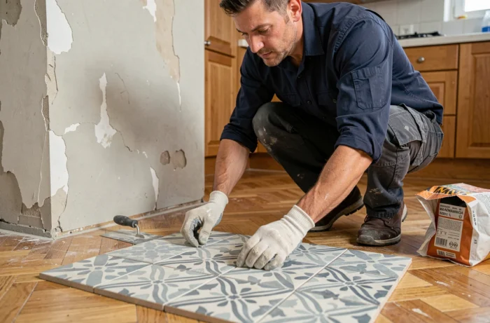 Homme posant des carreaux de ciment décoratifs sur le sol d'une cuisine en rénovation