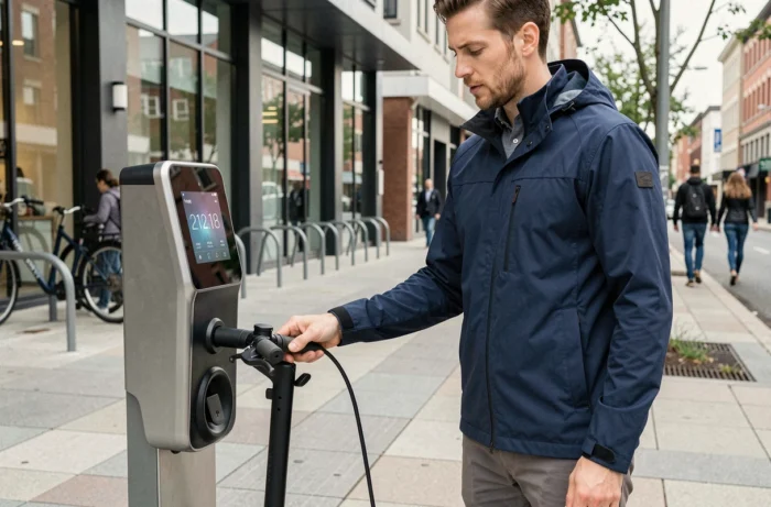 Homme rechargeant un scooter électrique à une borne de recharge urbaine en pleine ville