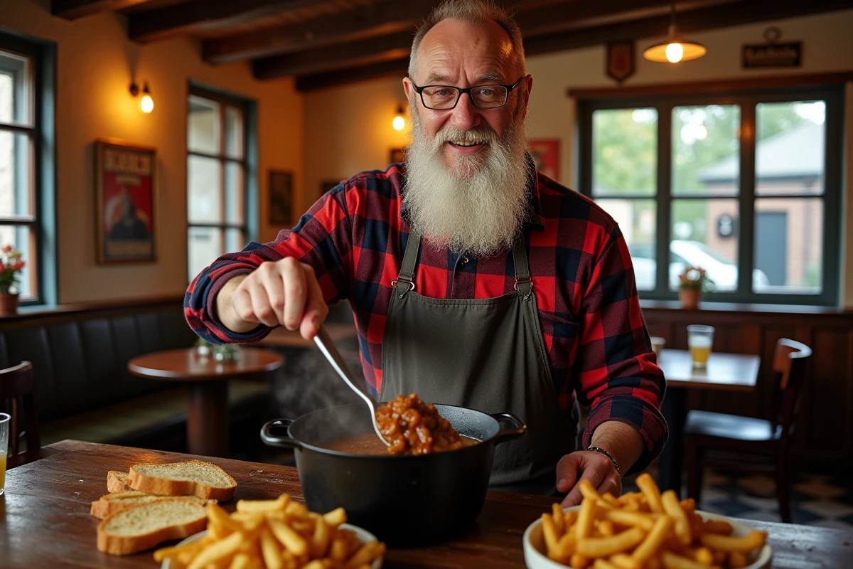 Homme belge versant la carbonade flamande dans un pub traditionnel
