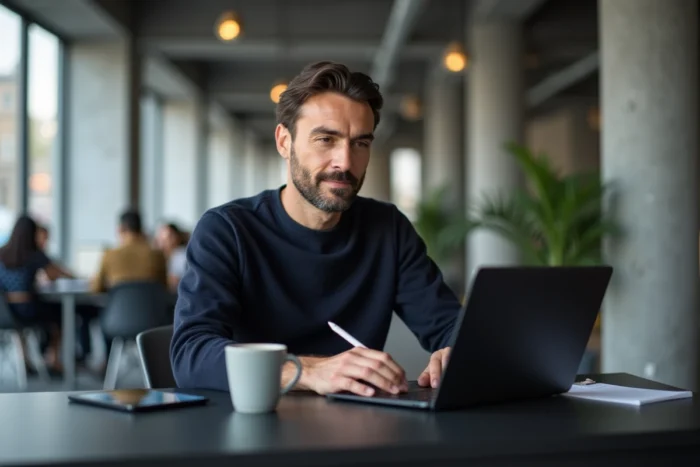 Professionnel indépendant travaillant sur sa gestion administrative dans un espace de coworking moderne