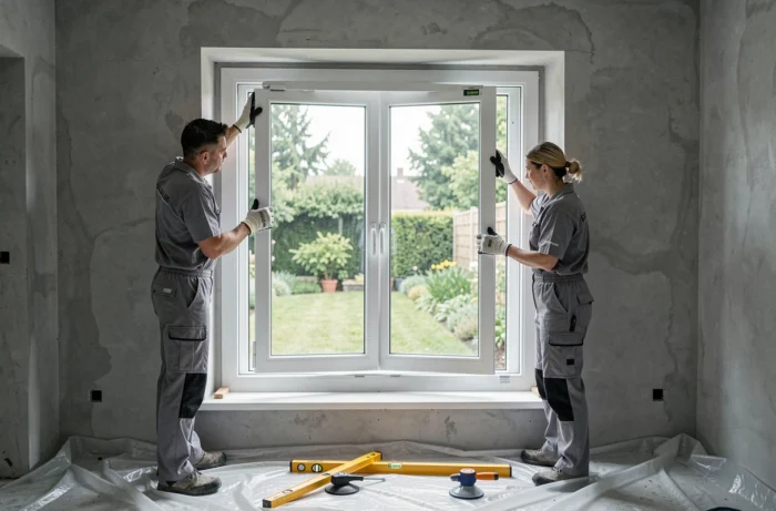 Deux installateurs posant une grande fenêtre PVC dans une maison en rénovation près de Lille