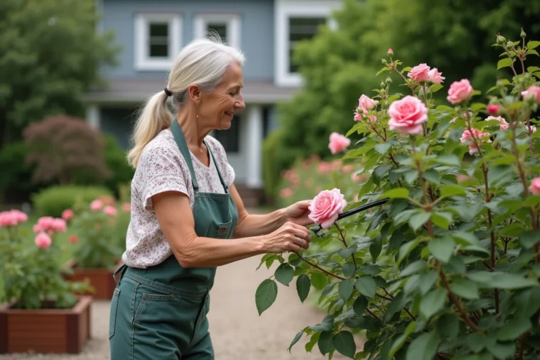 Femme en jardinage taillant un rosier luxuriant