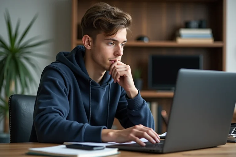 Jeune homme en hoodie bleu travaillant sur un ordinateur dans un bureau moderne