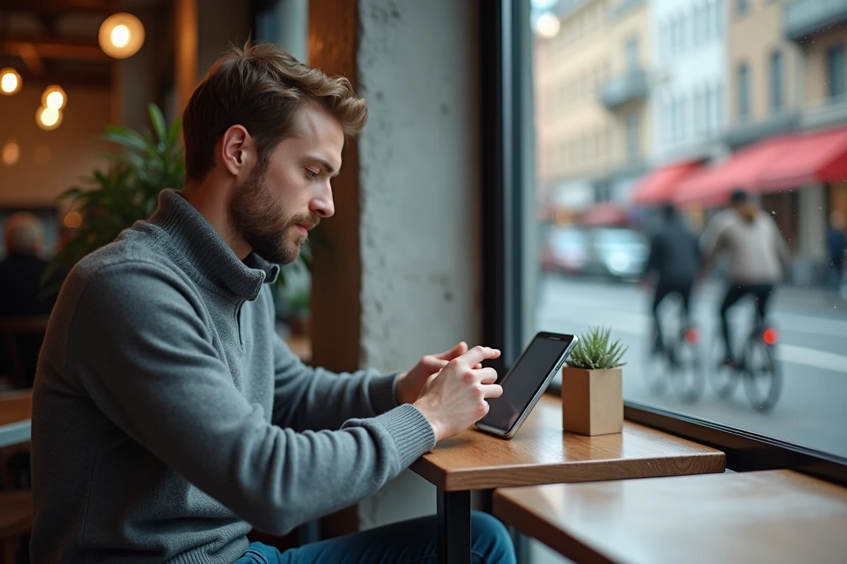 Jeune homme au café consulte un site de comparaison sur son smartphone