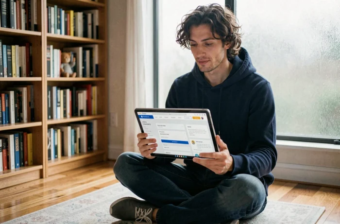Jeune homme consultant un site web structuré sur tablette dans un intérieur cosy