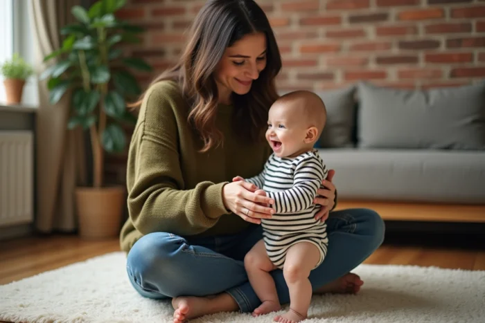 Maman aidant son bébé de 8 mois à se mettre debout en tenant ses mains pour renforcer ses jambes et sa coordination motrice
