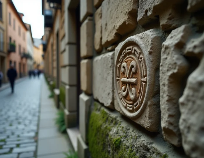 Marque gravée dans la pierre d'un bâtiment historique ancien, témoignant de l'origine millénaire de la plus vieille marque commerciale du monde
