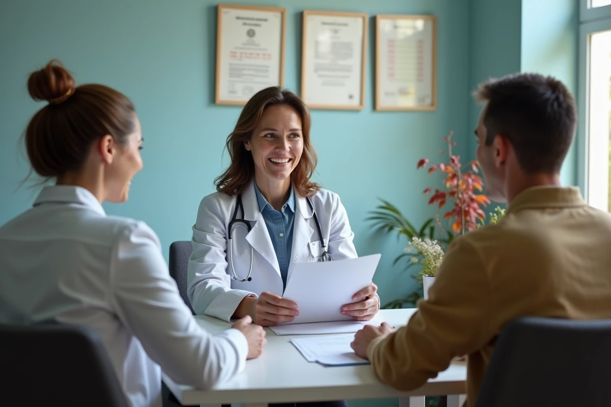 Medecin expliquant les niveaux HCG à un couple en consultation