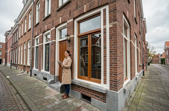 Femme inspectant une menuiserie en bois double vitrage sur une façade en brique rouge à Lille