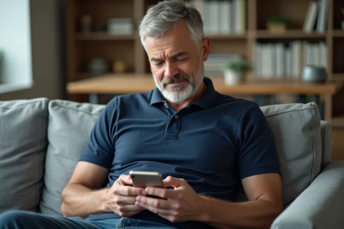 Homme consultant ses messages privés Wannonce sur smartphone dans un salon moderne