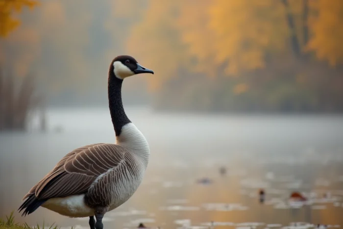 Jeune oie en phase adolescente au bord d'un lac en automne, plumage adulte en transition avec reflets dorés dans l'eau