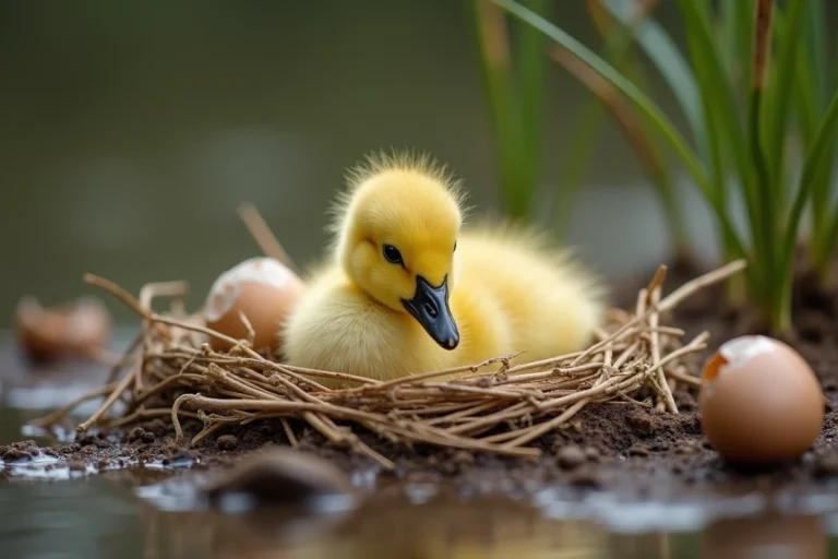 Oison nouveau-né dans un nid de paille près d'un étang, couvert de duvet jaune avec des coquilles d'œufs brisées autour de lui
