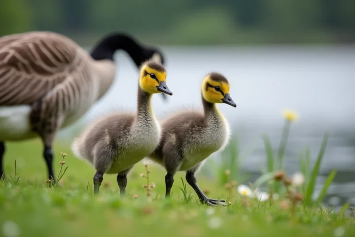 Deux oisons juvéniles en phase de croissance marchant sur une berge herbeuse accompagnés de leur parent oie adulte