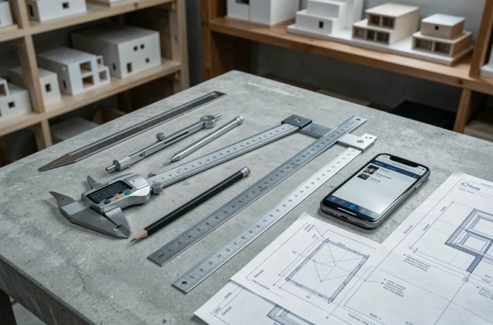Vue rapprochée des outils incontournables d'un architecte moderne incluant compas, caliper numérique et application BIM sur surface en béton