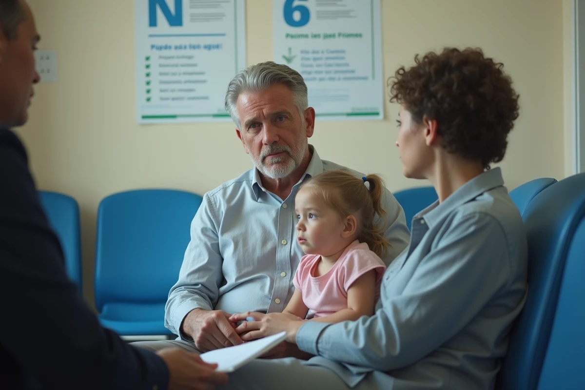 Père et fille attendant dans un bureau social