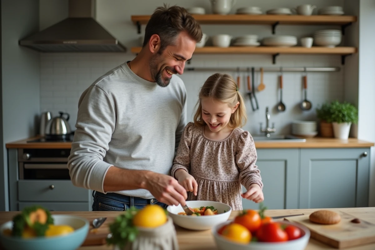 Père et fille rient en cuisinant dans une cuisine moderne