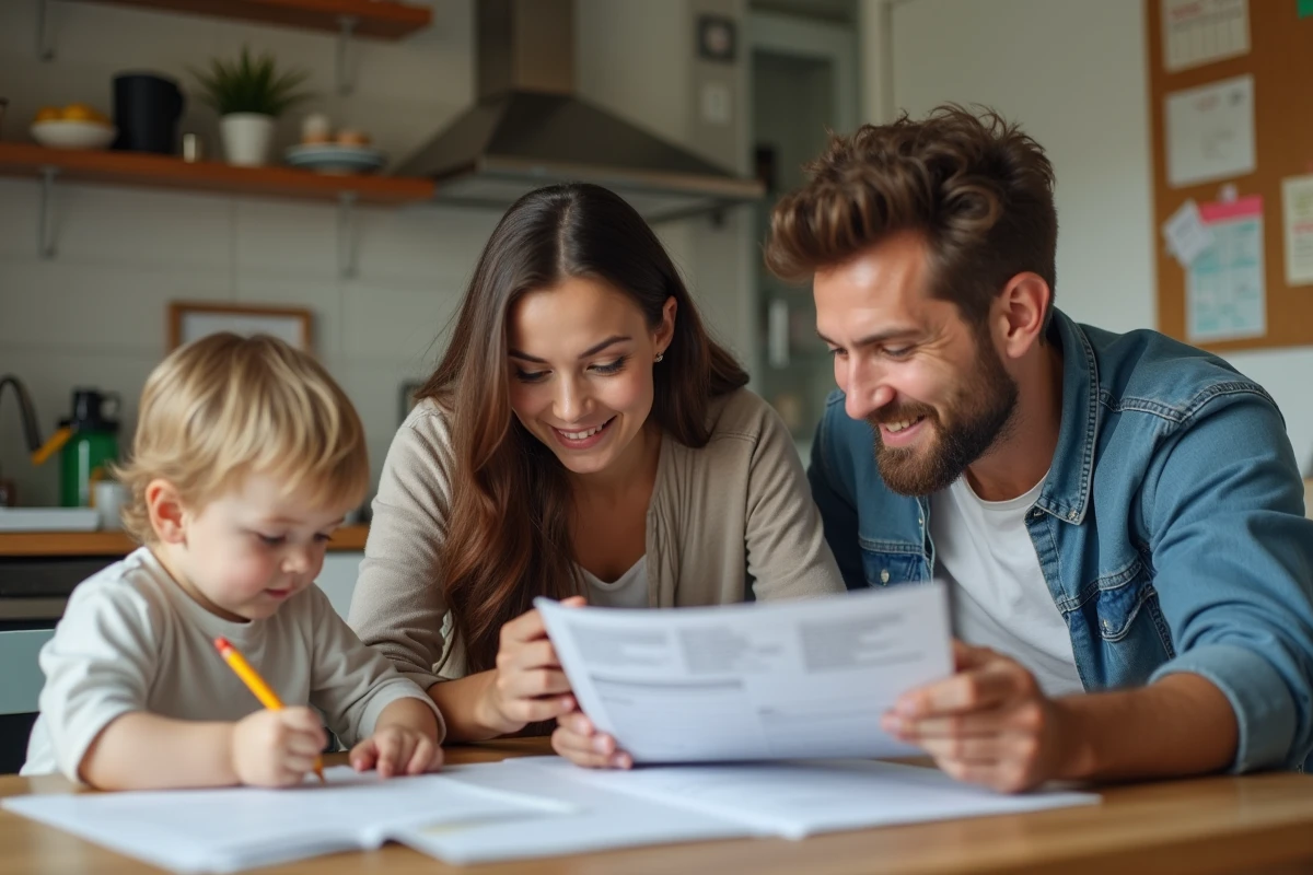 Parents et enfant dessinant à la maison