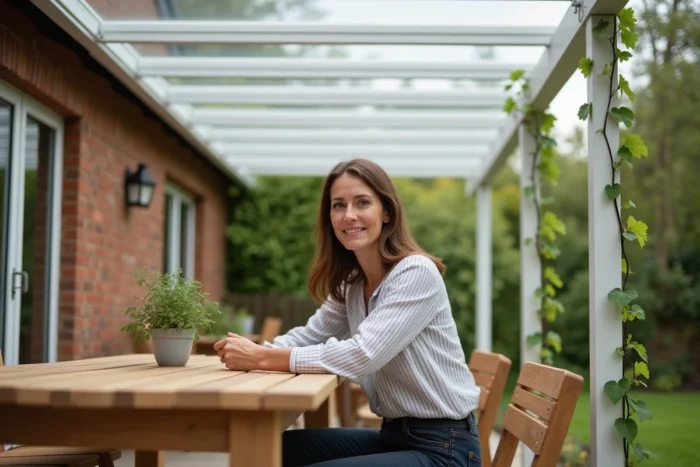 Femme assise sous une pergola adossée à une maison avec toit en polycarbonate, ambiance jardin conviviale
