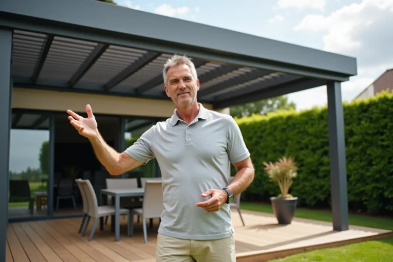Homme debout à côté d'une pergola aluminium à lames orientables dans un jardin, modèle disponible chez Brico Dépôt