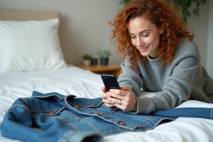 Femme photographiant une veste en jean vintage avec son smartphone pour la vendre en ligne sur une plateforme de seconde main