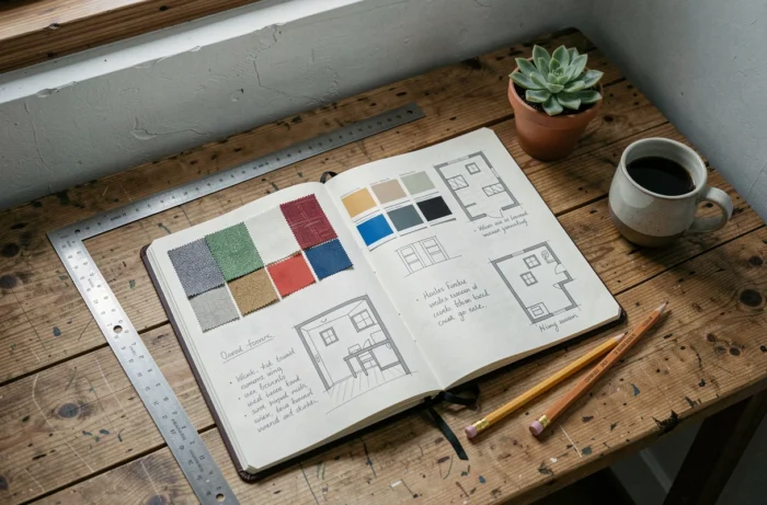 Planche d'inspiration déco posée sur un établi en chêne avec échantillons de tissus et croquis de rénovation