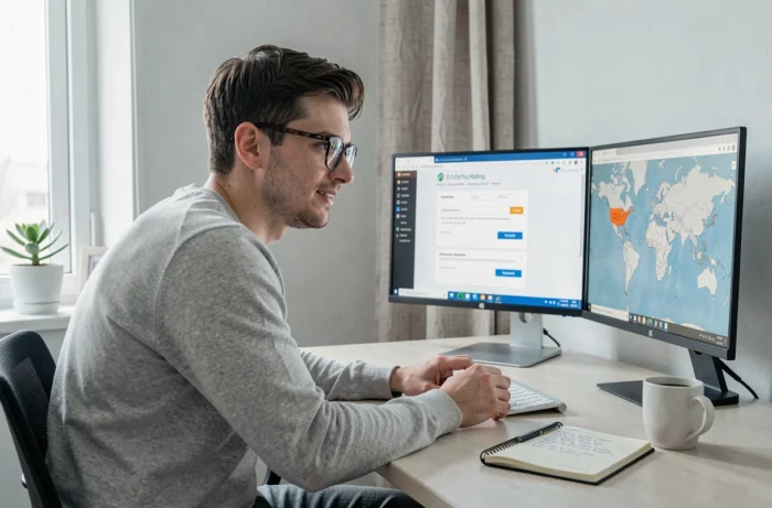 Jeune homme recherchant des bourses d'études internationales en ligne depuis son bureau à domicile