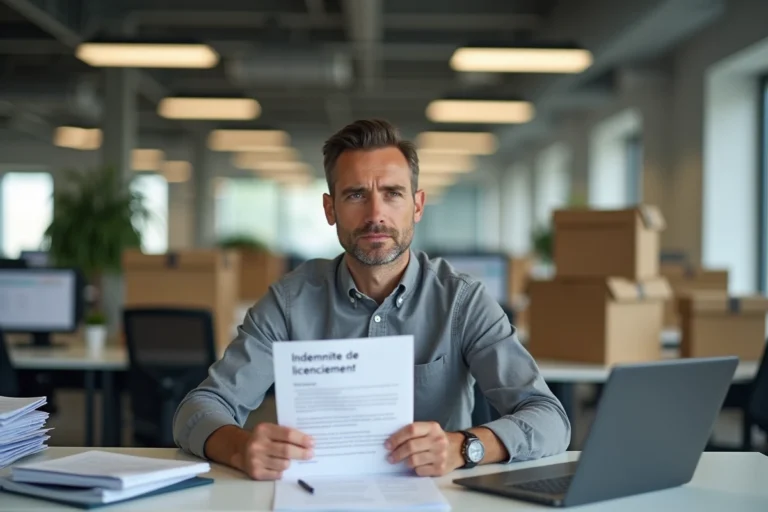Salarié tenant un document d'indemnité de fermeture d'entreprise dans un bureau en cours de liquidation