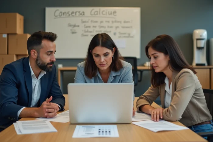 Groupe de salariés discutant du calcul de leur indemnité de fermeture d'entreprise autour d'un ordinateur