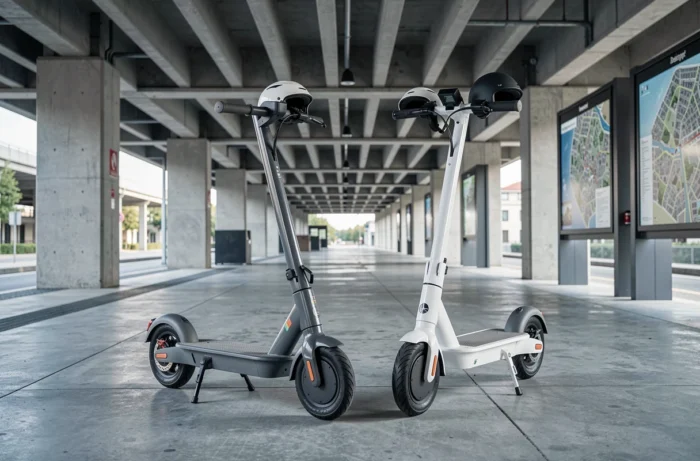 Deux scooters électriques modernes garés dans un hub de mobilité urbaine couvert