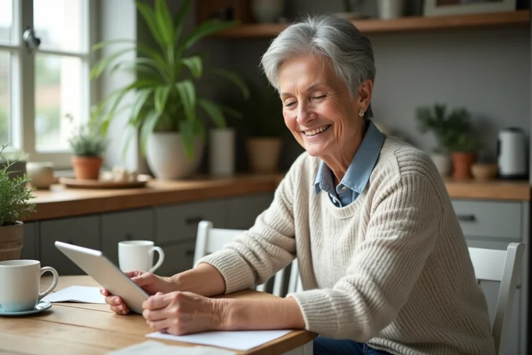 Femme senior confiante utilisant une tablette à la cuisine