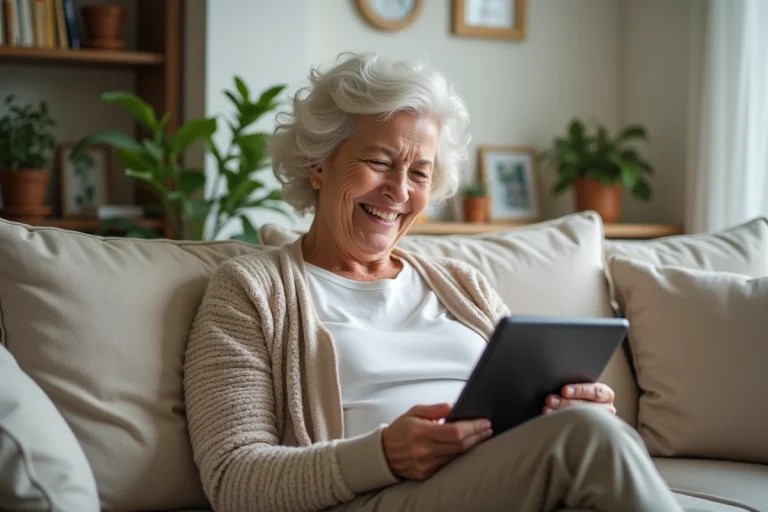 Femme senior souriante lisant une tablette dans un salon chaleureux