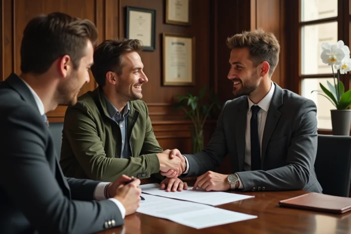 Homme signant un acte de vente immobilier chez un notaire dans un bureau traditionnel en bois sombre