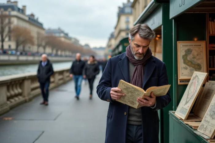 Homme parcourant les bouquinistes au bord de la Seine à Paris parmi livres anciens et cartes vintage