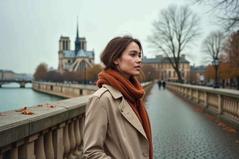 Femme en trench coat sur le Pont de l'Archevêché à Paris avec Notre-Dame en arrière-plan en automne